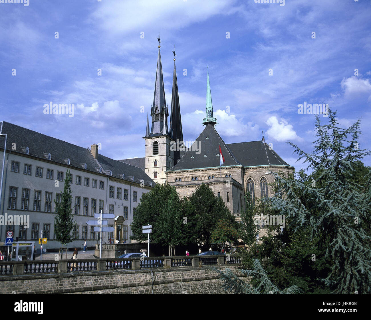 Luxembourg, town view, Palce de la Constitution, cathedral Notre lady outside, Benelux, Luxembourg, dukedom, Grand Duchy, city state, capital, seat of power, landmark, place of interest, church, dear woman's cathedral, Notre lady, building, structure, architecture, architectural style, Late-Gothic Stock Photo