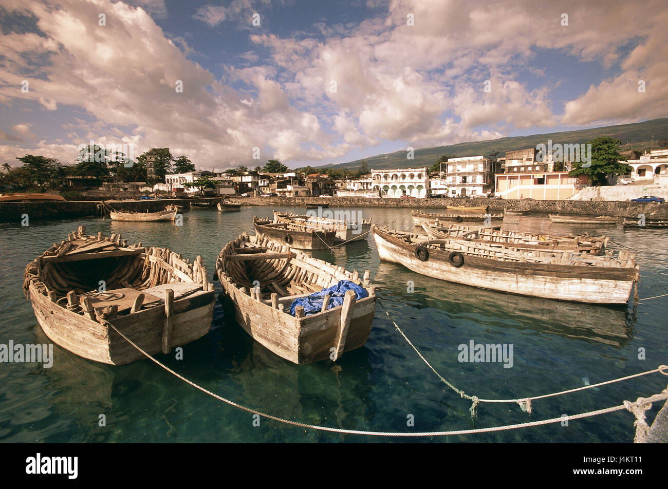The Comoro Archipelago, island Grand Comore, Moroni, harbour view, fishing boats Africa, island state, Indian ocean, Njazidja, town, townscape, port, harbour, fishing harbour, angling, boats, wooden boots, traditionally, evening light, sky, clouds Stock Photo