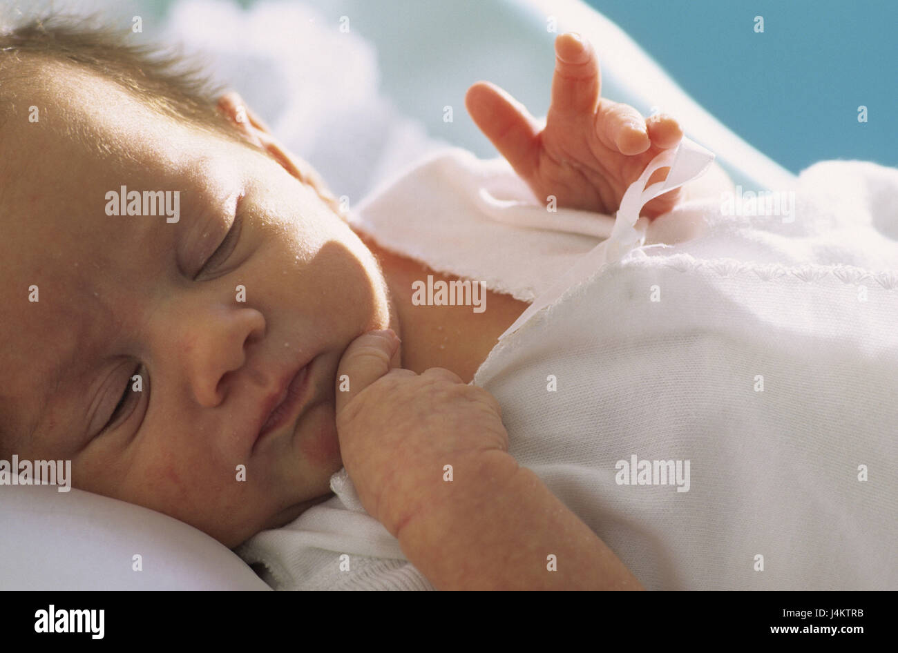 Newborn child, sleep, detail child, small, baby, infant, look, hands, lie, rest back position, fallen asleep, dream, peacefully, softly, vulnerable, curled, inside, conception, childhood, fatigue, détente, sleep, after-lunch sleep, rest, security, innocence, Stock Photo