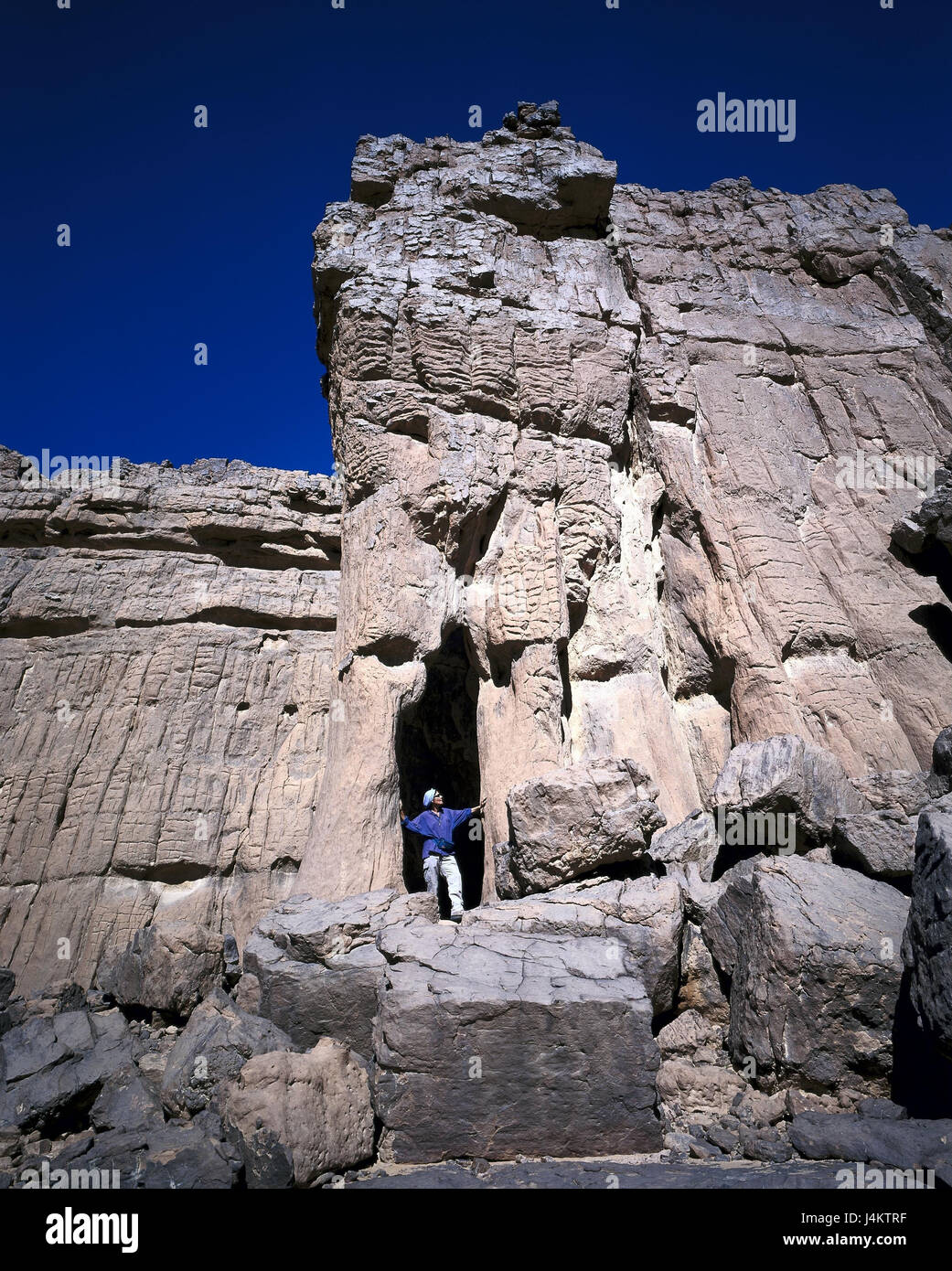 Algeria, Sahara, Tassili N'Ajjer national park, Afara, mountain, cliff face, tourist Africa, nature, mountains, mountainous country, mountain landscape, rock, rock, nature, sandstone rock, Sandsteinformation, woman, tourism, place of interest Stock Photo