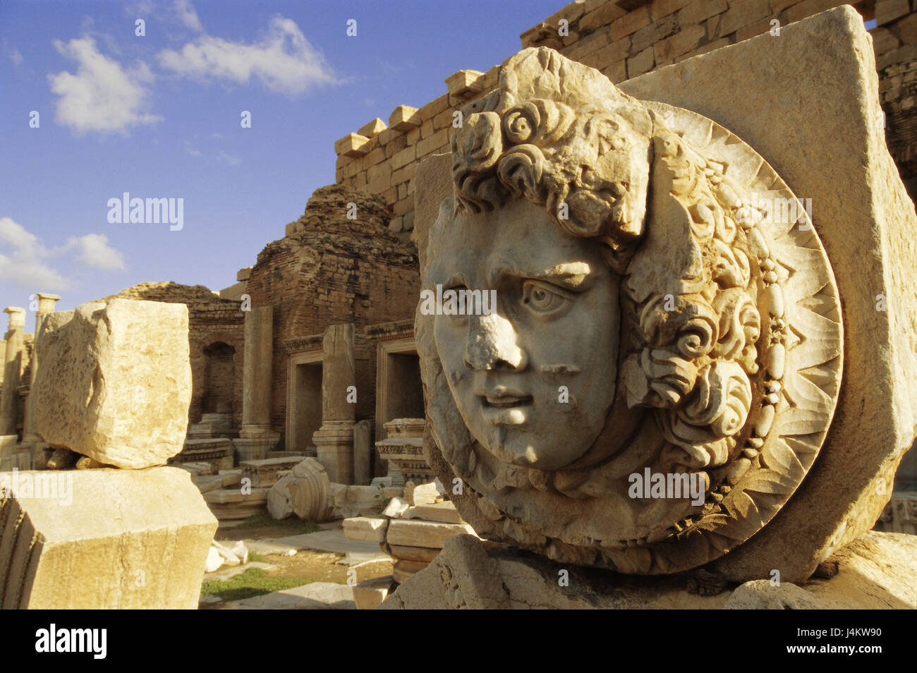 Libya, Tripolitanien, Leptis Magna, ruin site, Severisches forum, relief, head of Medusa Africa, North Africa, place of birth emperor Septimiu Severus, excavation site Roman, excavations, ruins, UNESCO-world cultural heritage, architecture, historically, antique, head of the Medusa, Gorgo, look, cultural monument, place of interest, defence, deterrence, fossilize, outside, conception, archeology, antiquity, past, mythology Stock Photo