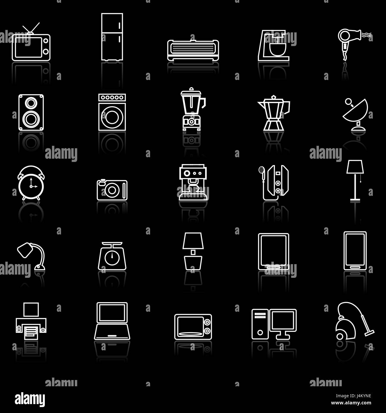 Household line icons with reflect on black background, stock vector ...