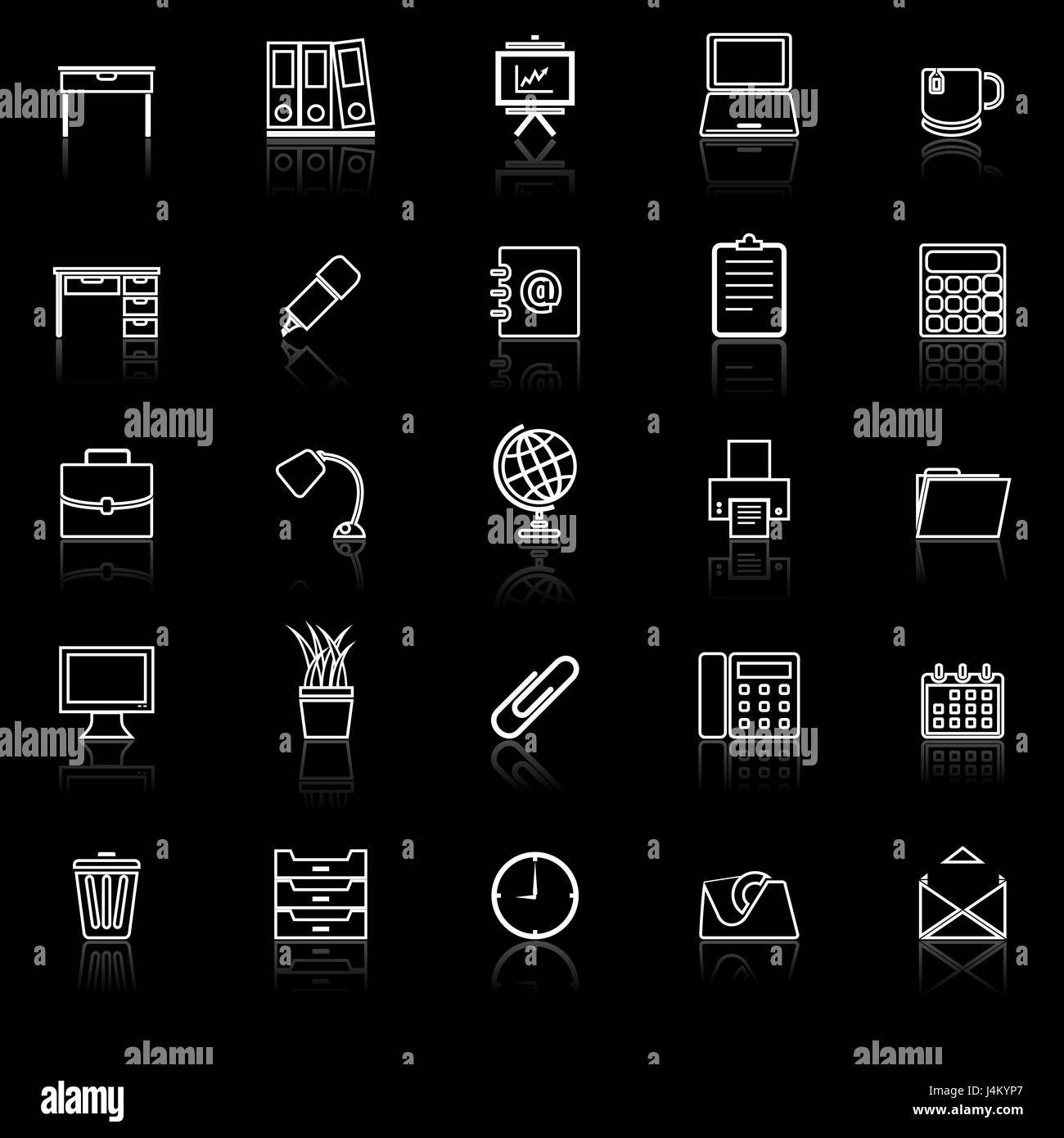 Workspace line icons with reflect on black background, stock vector ...