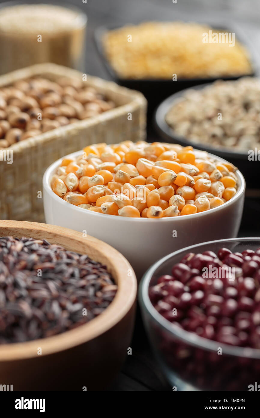 selective focus corn grian in bowl side view Stock Photo