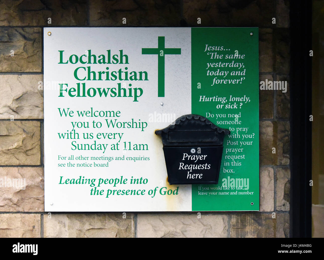 Notice Board, Lochalsh Christian Fellowship. The Hall, Station Road, Kyle of Lochalsh, Ross and Cromarty, Scotland, United Kingdom, Europe. Stock Photo