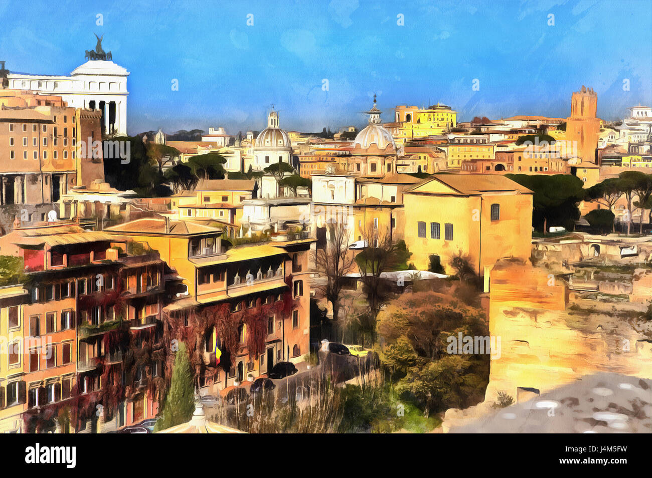 Colorful painting of view on Capitolium from Palatine Hill, Rome, Italy Stock Photo