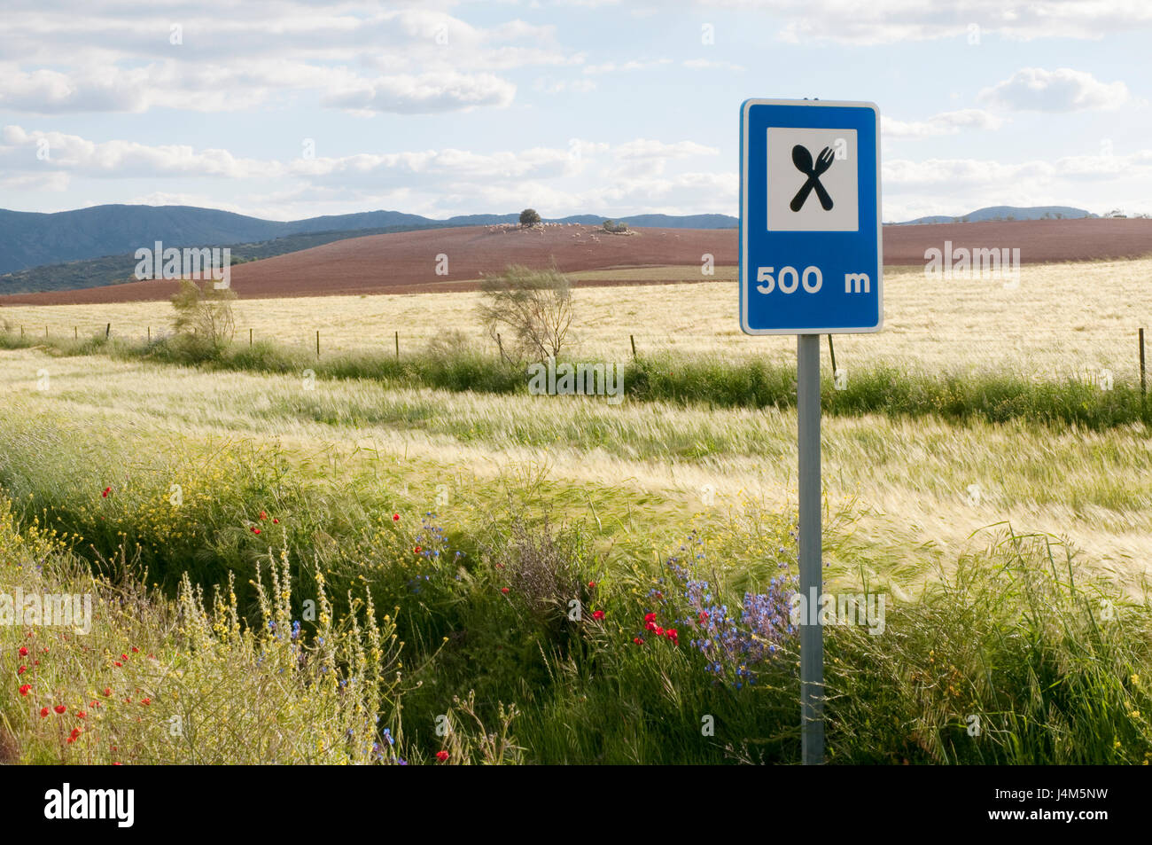 Cultivation field and signpost. Campo de Calatrava, Ciudad Real province, Castilla La Mancha, Spain. Stock Photo