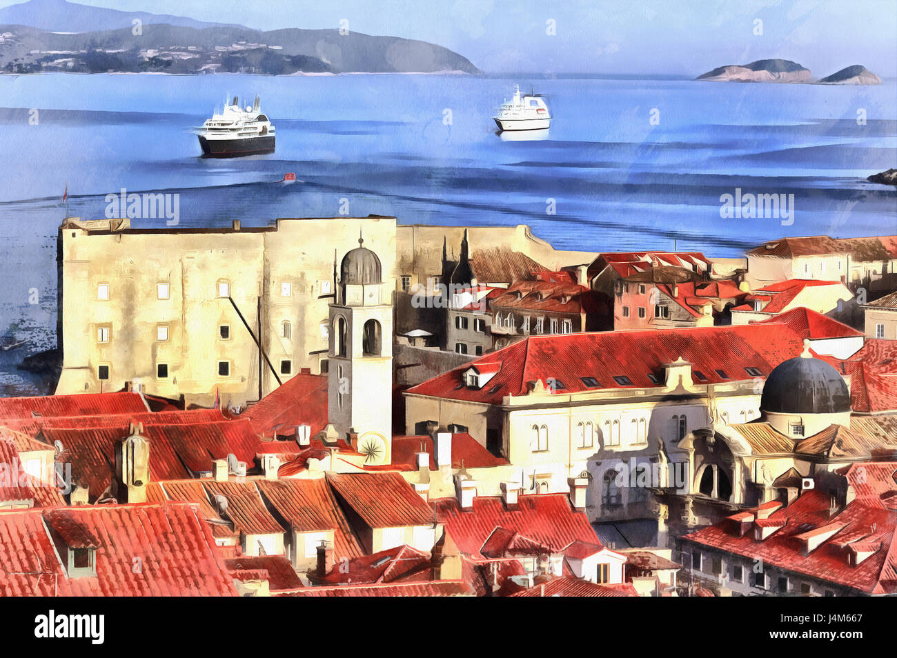 Colorful painting of cityscape of Dubrovnik, Dalmatia, Croatia Stock Photo