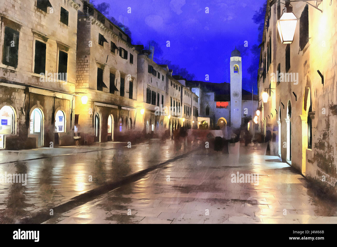 Colorful painting of old town in the evening,  Dubrovnik, Croatia Stock Photo