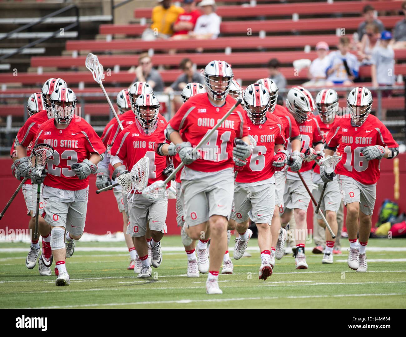Ohio State lacrosse team running onto the field for a game against Rutgers  at High Point Solutions Stadium in Piscataway, New Jersey Stock Photo -  Alamy