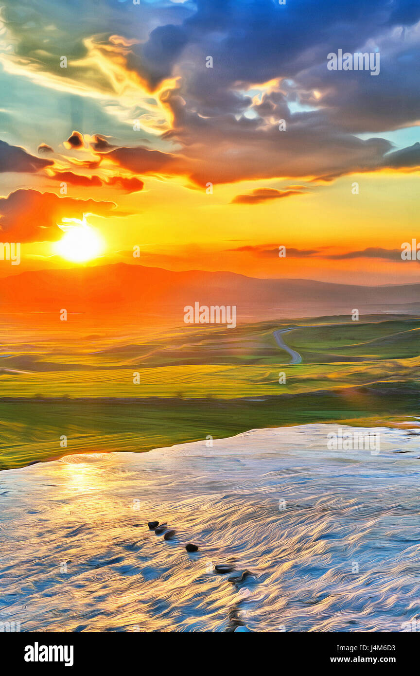 Colorful painting of sunset at the valley with glance surface Stock Photo