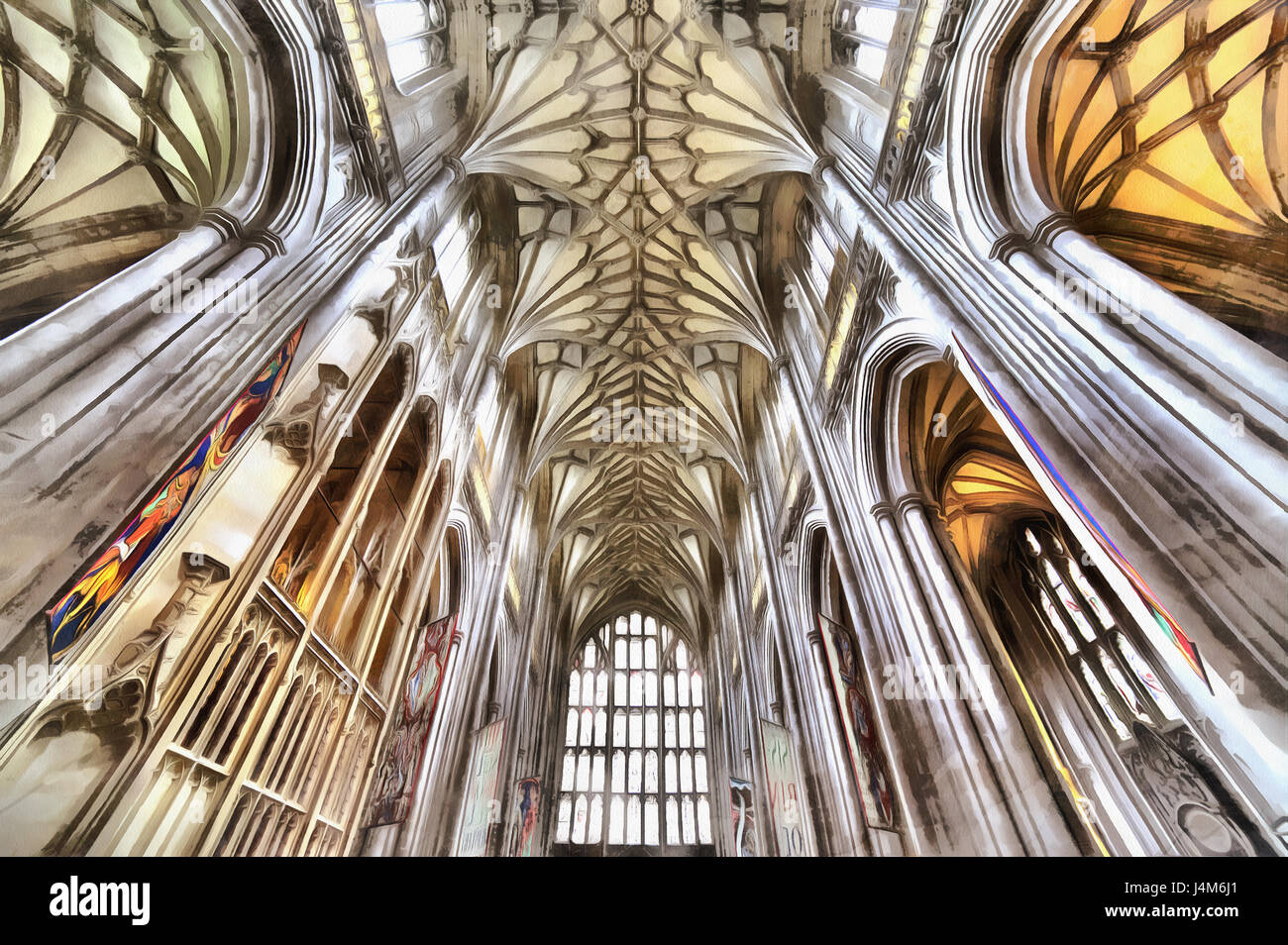 Colorful painting of Winchester Cathedral interior, Winchester