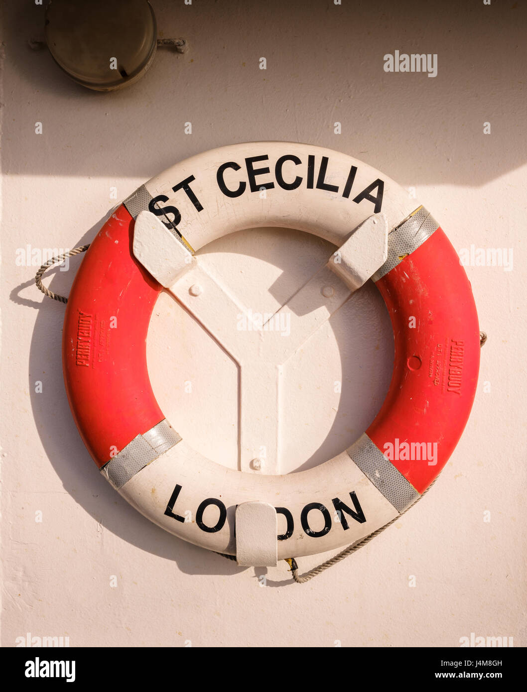Life preserver on a Wightlink ferry named St Cecilia on the Portsmouth to Fishbourne route 2017. Stock Photo