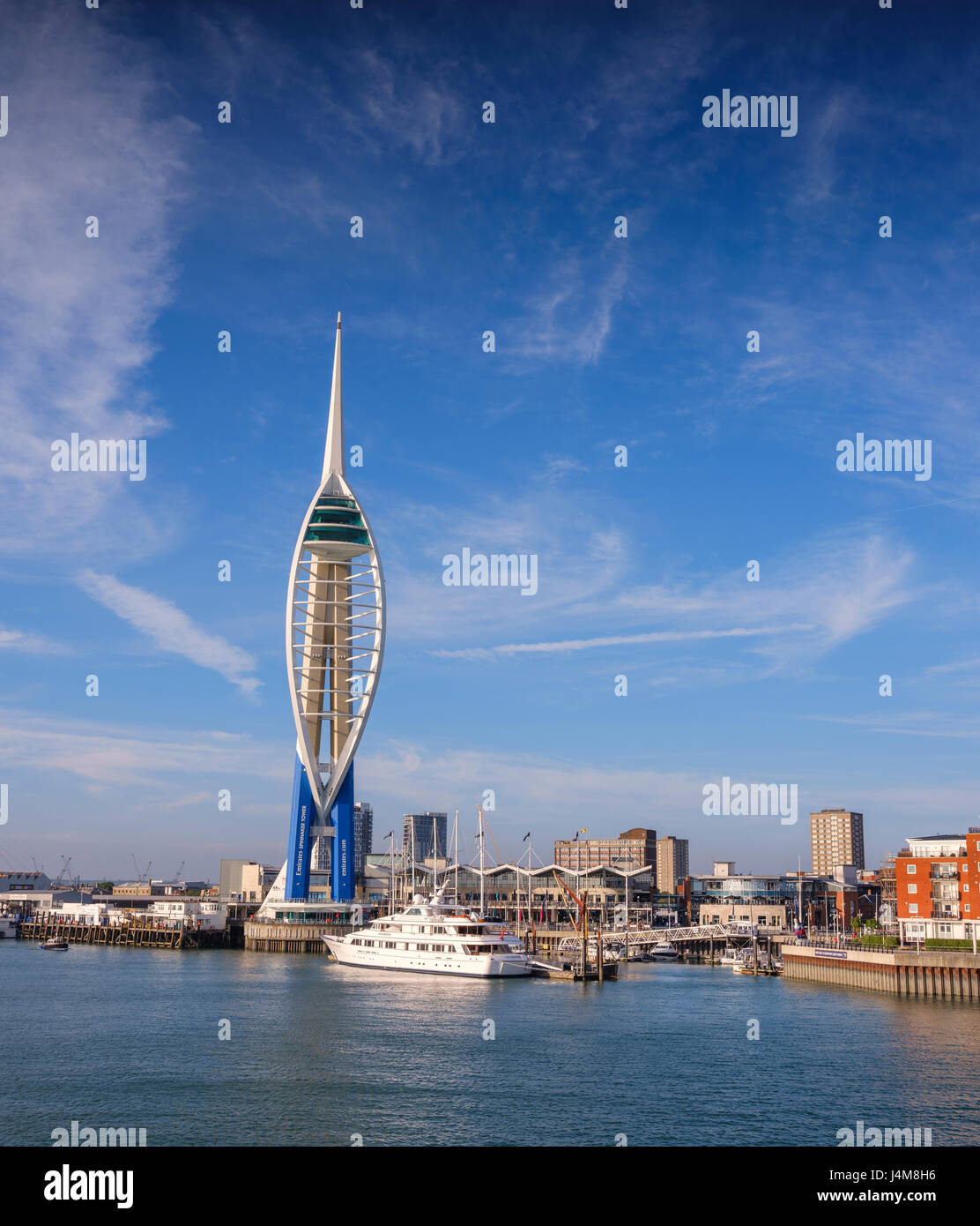 The Emirates Spinnaker Tower viewed from the harbour entrance of Gunwharf Quays Marina, Portsmouth, Hampshire UK. Stock Photo