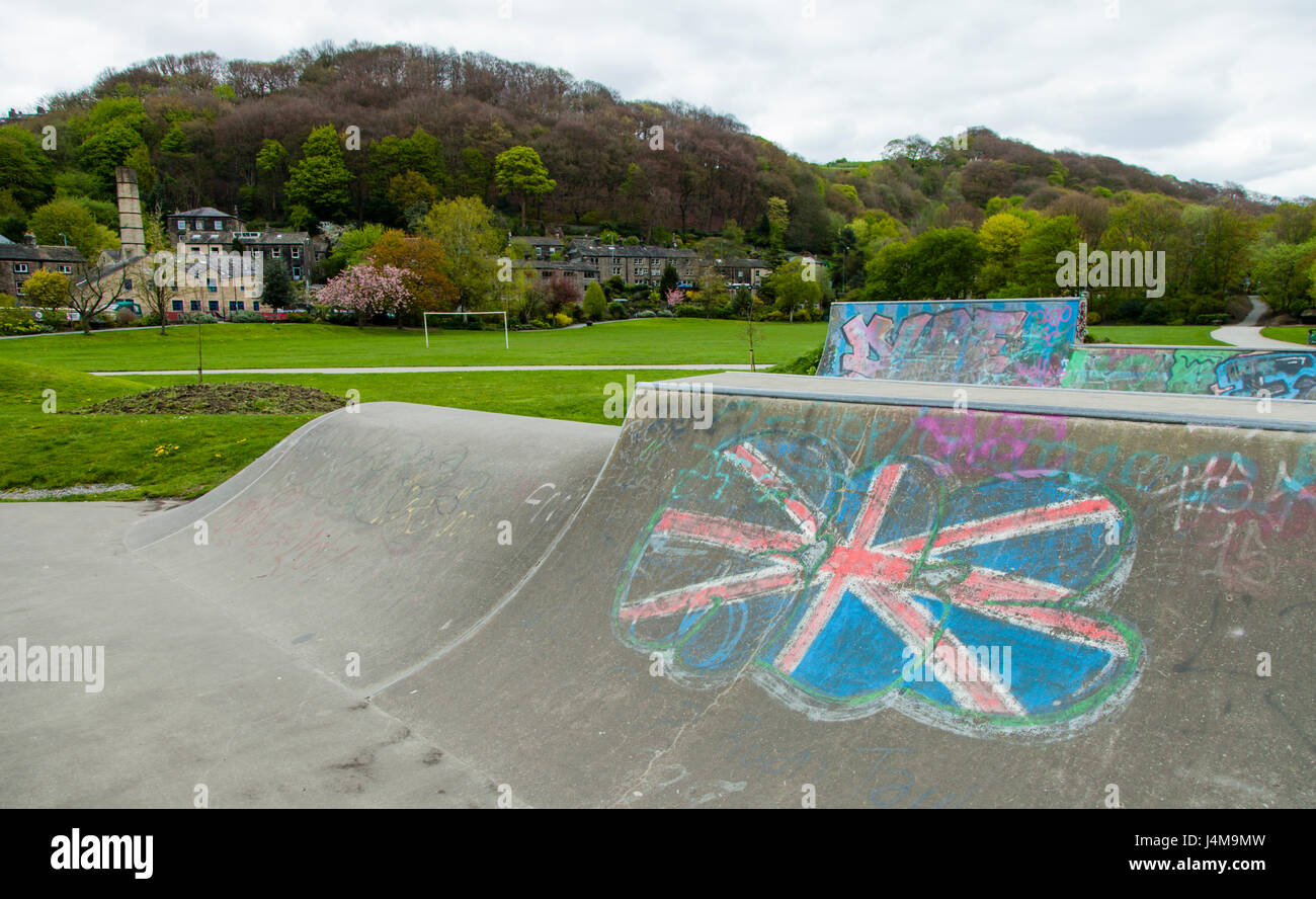 Union flag painted on a ramp n the skat park in Hebden Bridge, West Yorkshire, UK Stock Photo