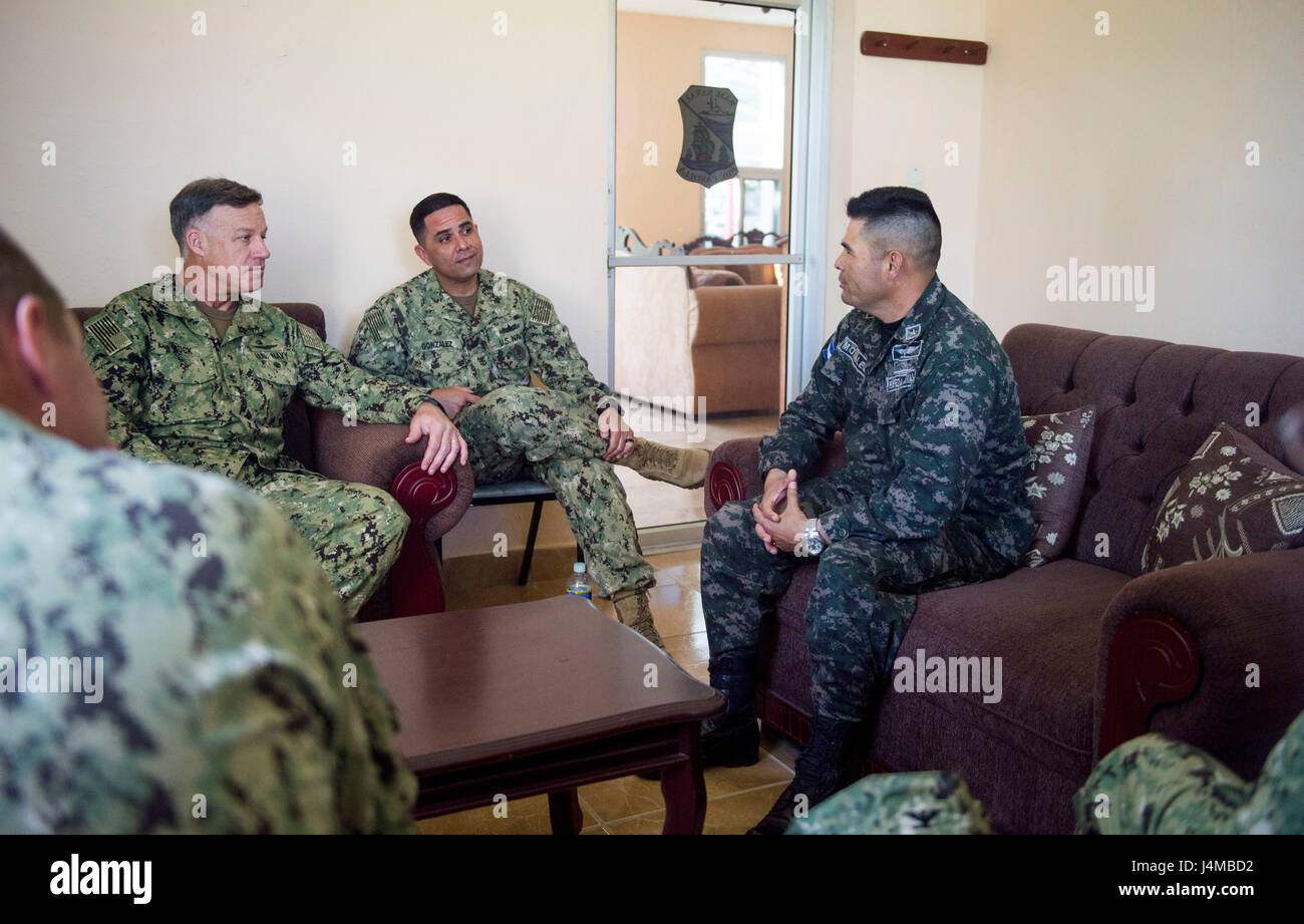 170223-N-YL073-054 TRUJILLO, Honduras (Feb. 23, 2017) – Rear Adm. Sean S. Buck, Commander U.S. Naval Forces Southern Command/U.S. 4th Fleet (USNAVSO/FOURTHFLT) participates in an office call with the commander of Naval Base Puerto Castilla, Honduras, in support of Continuing Promise 2017’s (CP-17) visit to Trujillo, Honduras. CP-17 is a U.S. Southern Command-sponsored and U.S. Naval Forces Southern Command/U.S. 4th Fleet-conducted deployment to conduct civil-military operations including humanitarian assistance, training engagements, and medical, dental, and veterinary support in an effort to  Stock Photo