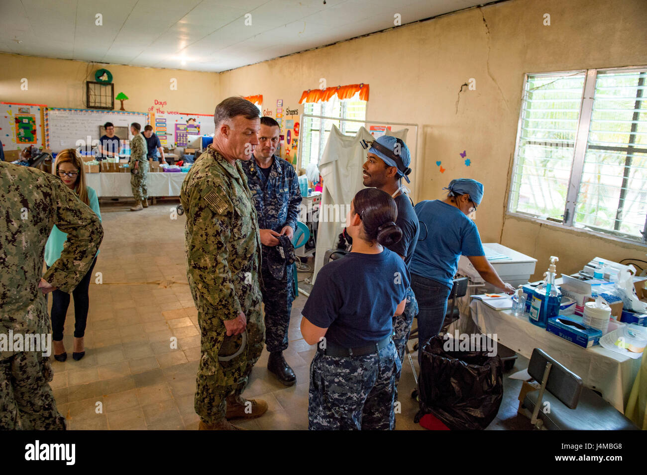 170223-N-YL073-442 TRUJILLO, Honduras (Feb. 23, 2017) – Rear Adm. Sean S. Buck (left), Commander U.S. Naval Forces Southern Command/U.S. 4th Fleet (USNAVSO/FOURTHFLT), speaks with Sailors during a tour of the Continuing Promise 2017 (CP-17) medical site in support of the mission's visit to Trujillo, Honduras. CP-17 is a U.S. Southern Command-sponsored and U.S. Naval Forces Southern Command/U.S. 4th Fleet-conducted deployment to conduct civil-military operations including humanitarian assistance, training engagements, and medical, dental, and veterinary support in an effort to show U.S. support Stock Photo