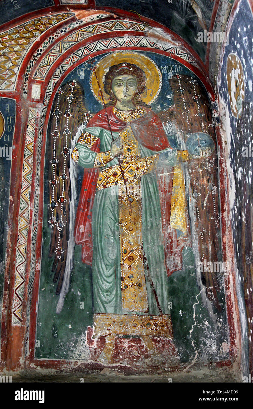 Fresco of  Archangel Michael  in the church of Agios Nikolaos tis Stegis (St Nicholas of the Roof) close to Kakopetria village, Cyprus Stock Photo