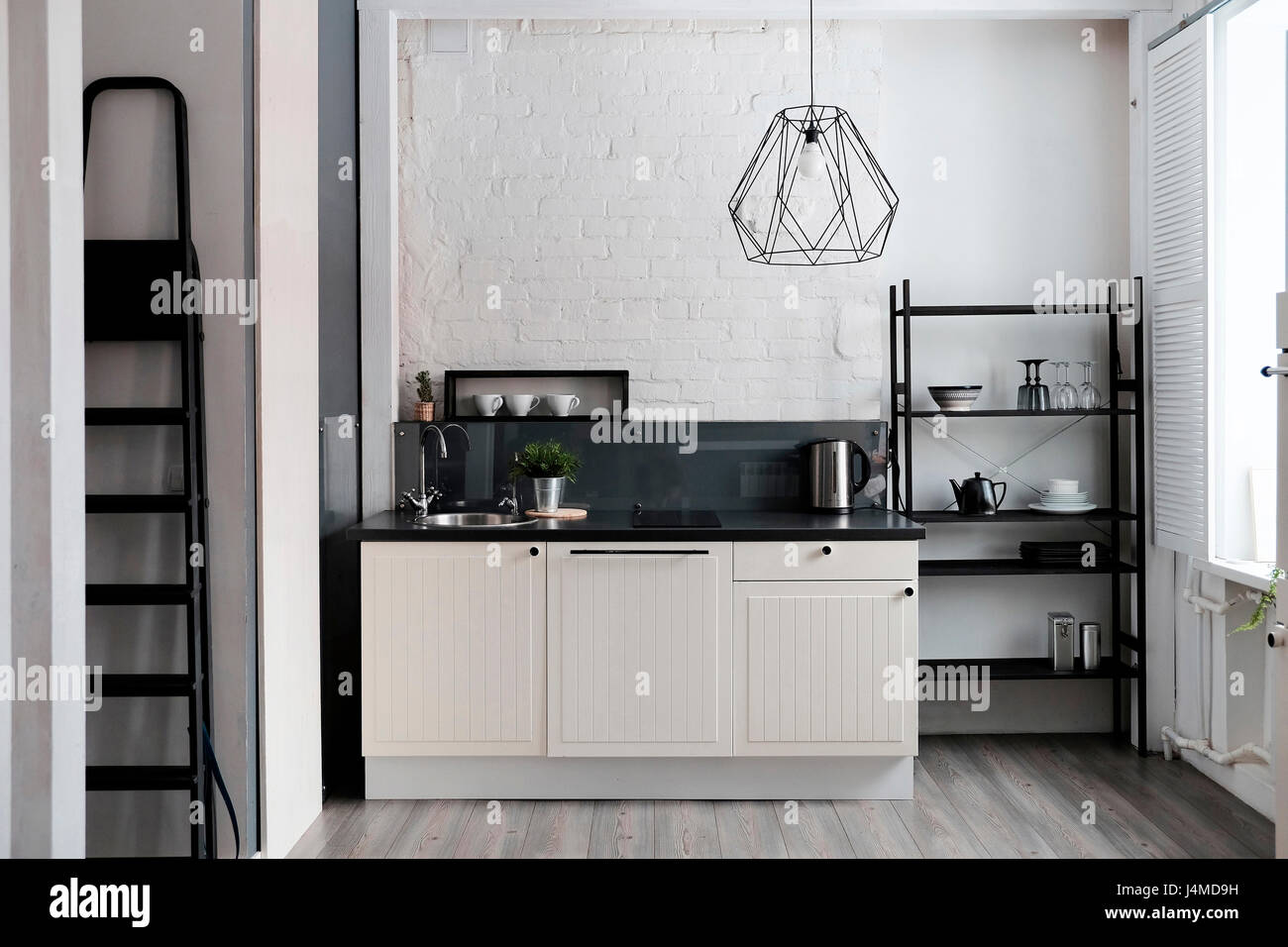 White and black domestic kitchen Stock Photo