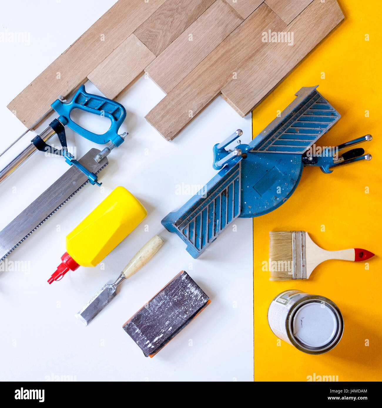 Wooden boards with paint and tools Stock Photo