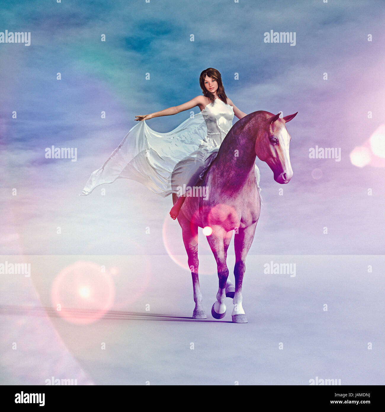 Woman wearing white dress riding horse Stock Photo