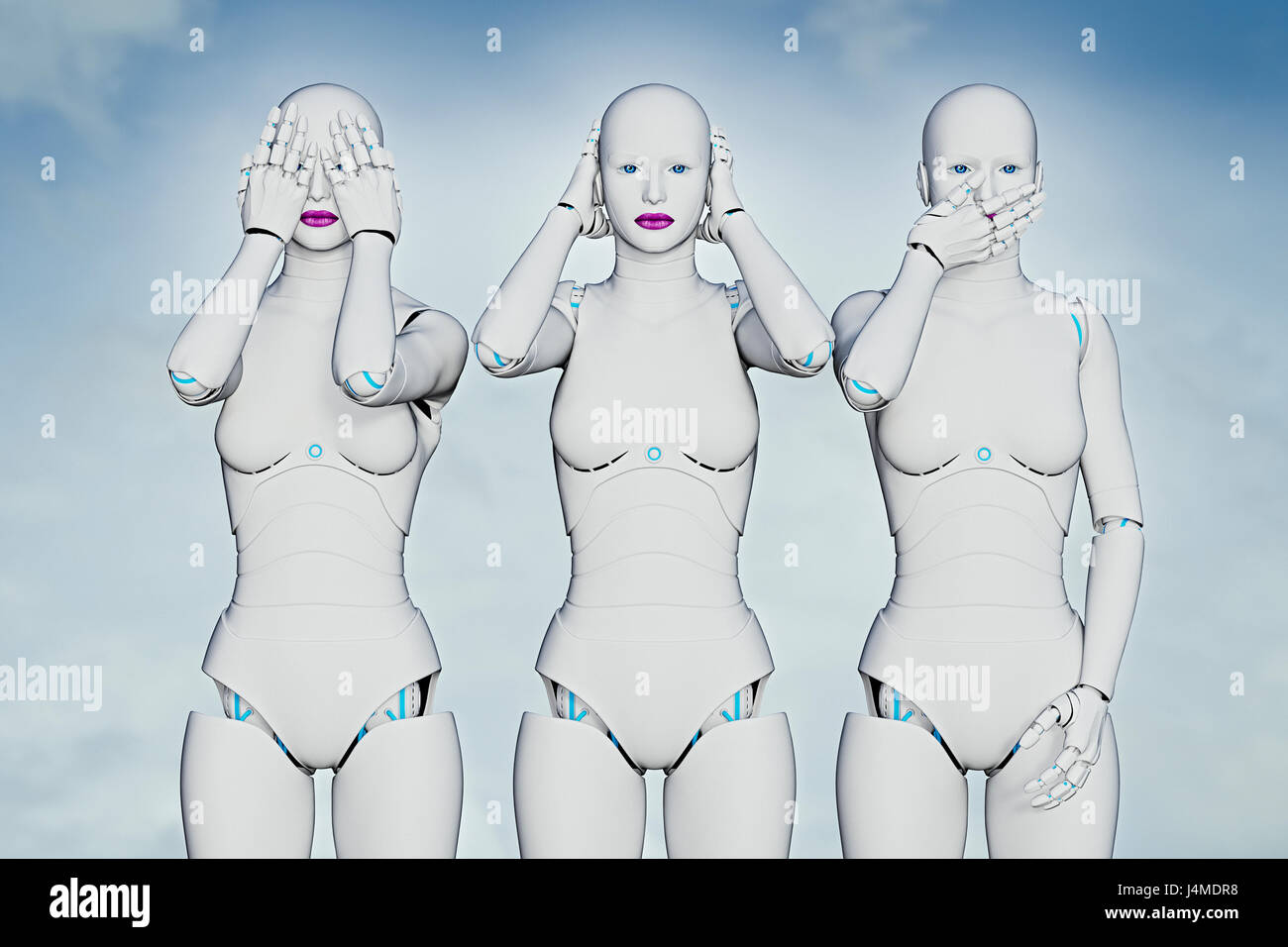 Woman robots covering eyes, ears and mouth Stock Photo