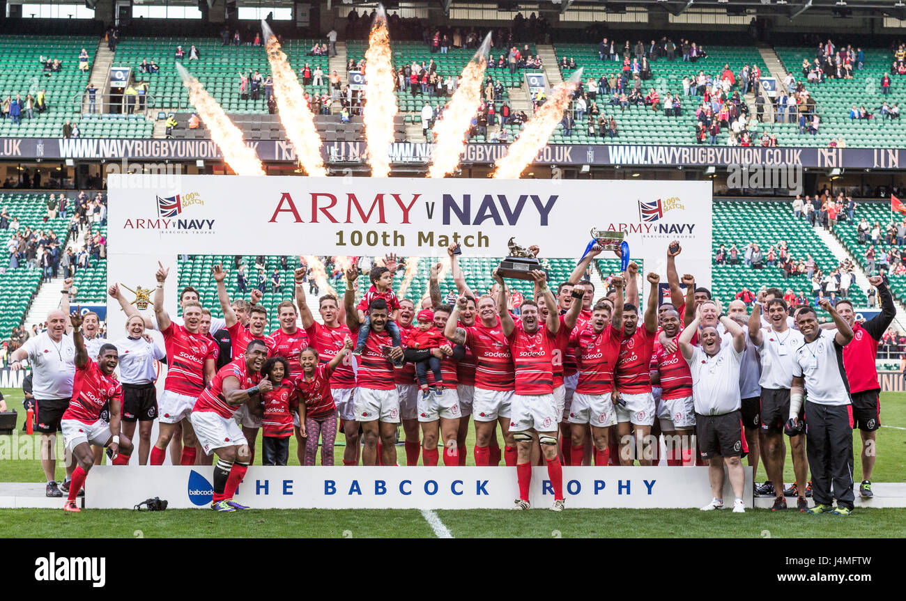 Captain Rob Lennox holds aloft the Babcok Trophy after defeating the Navy rugby team 29-20 at Twickenham, 2017 Stock Photo
