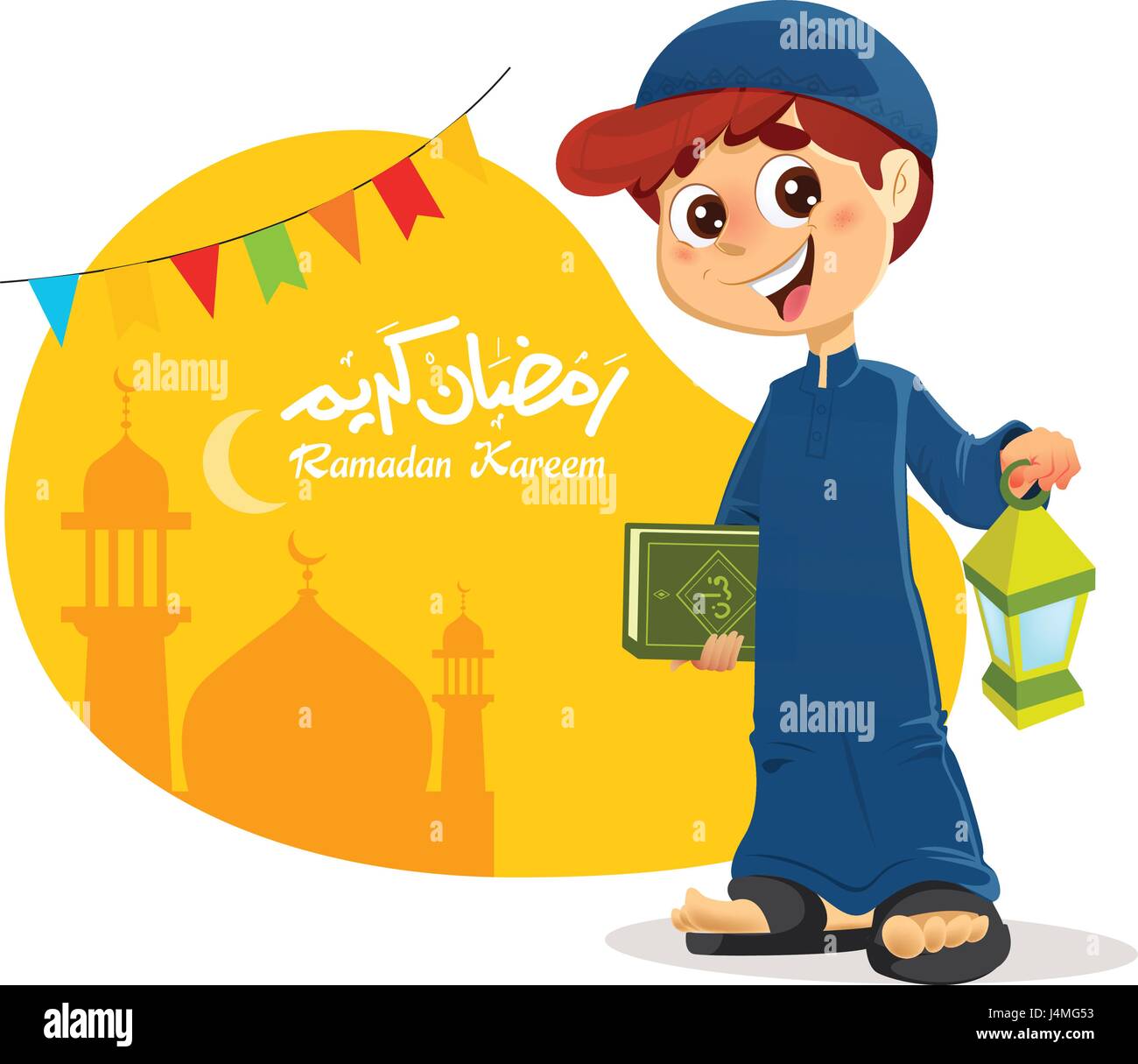 Happy Young Muslim Boy Holding Quran Book with Ramadan Lantern in Hand Stock Vector