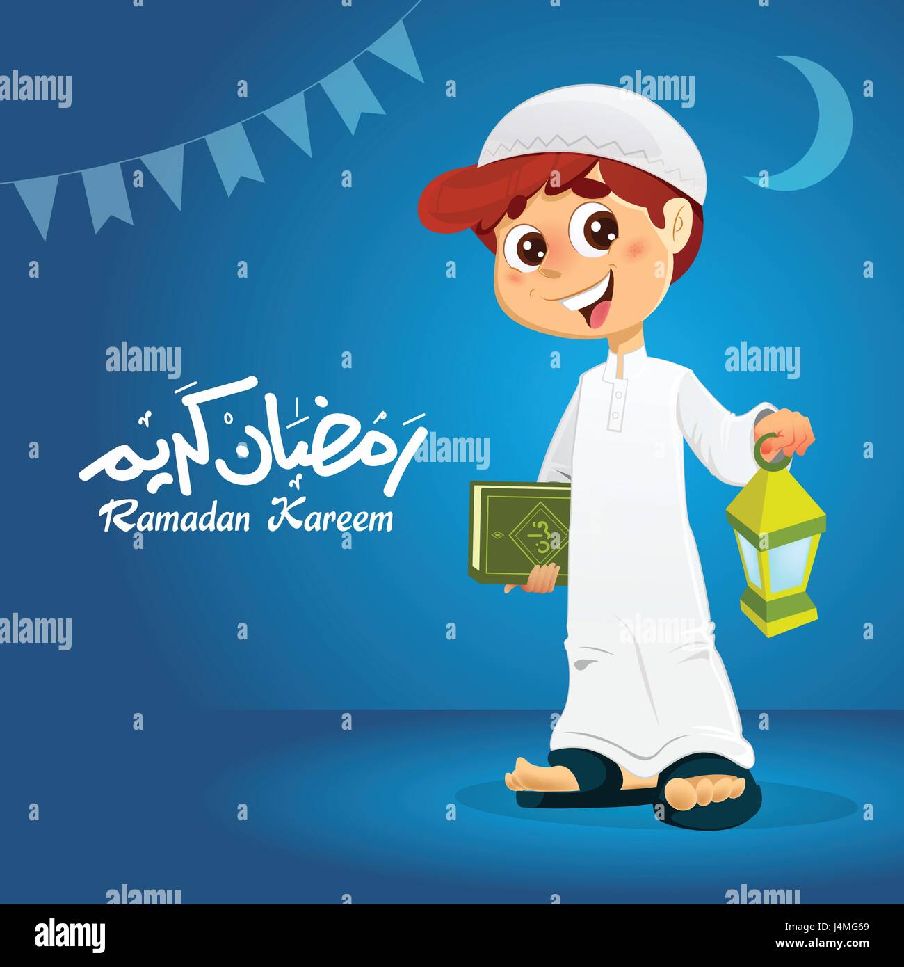 Young Happy Muslim Boy Holding Quran Book with Ramadan Lantern in Hand Stock Vector