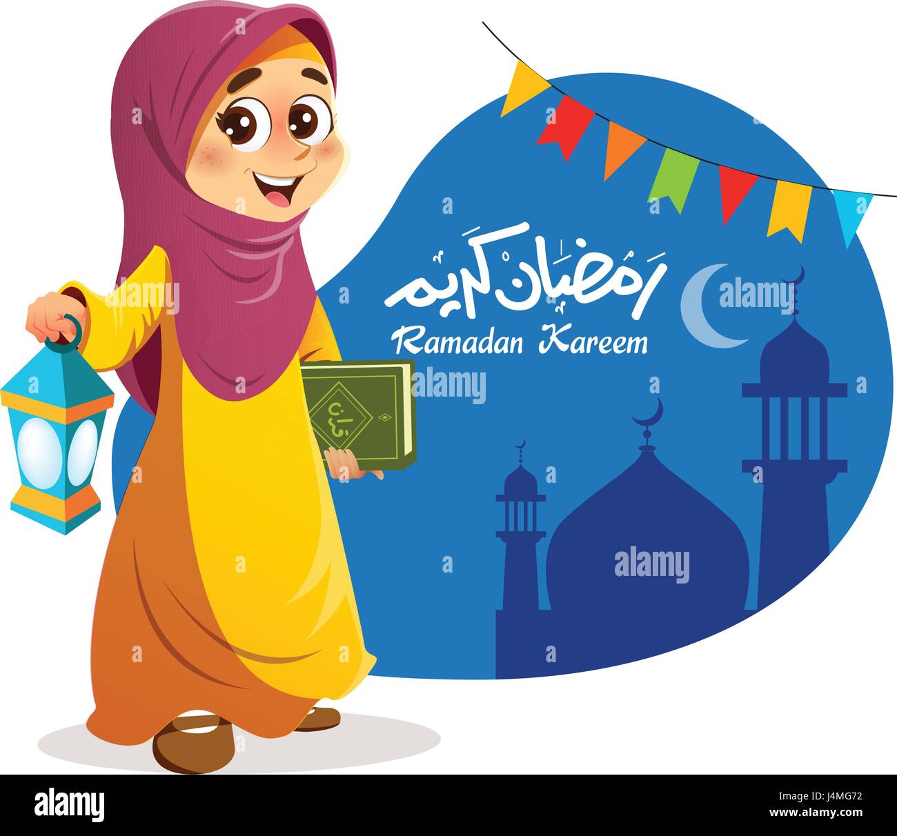 Happy Young Muslim Girl Holding Quran Book with Ramadan Lantern in Hand Stock Vector
