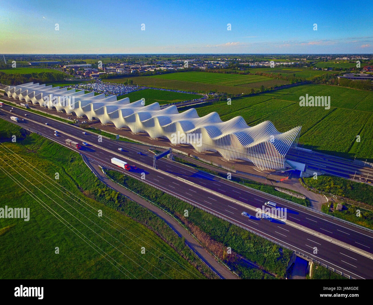 Aerial view of AV Mediopadana high speed railway station by Santiago Calatrava in Reggio Emilia, Emilia Romagna, Italy Stock Photo
