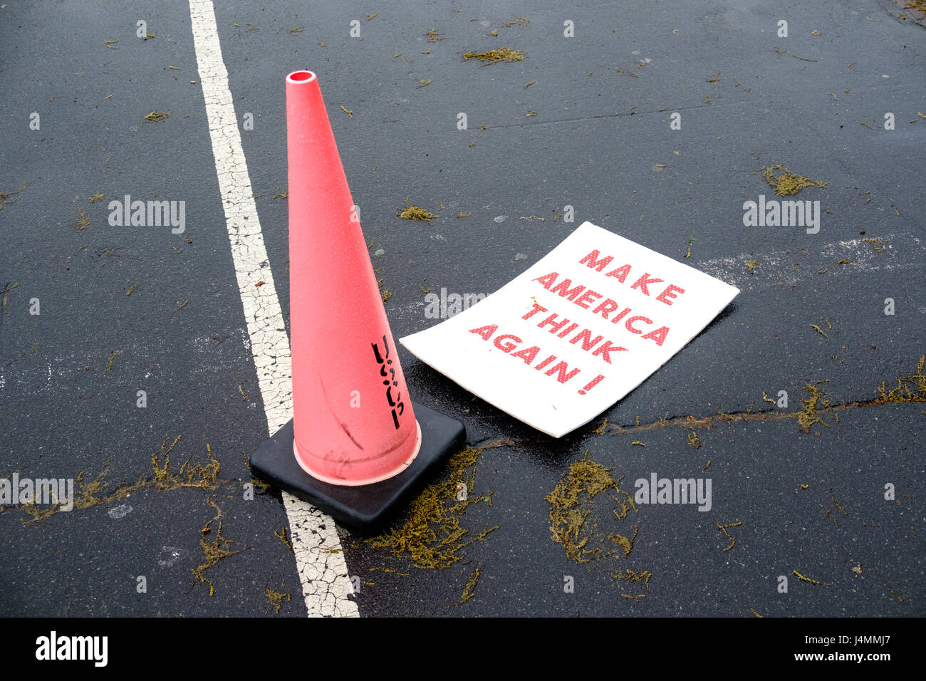 Placard and posters discarded after the March for Science rally on Earth Day, Washington DC, USA, April 22, 2017. Stock Photo