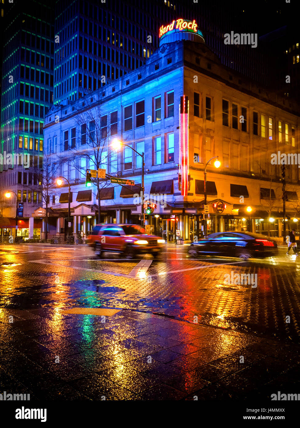 Peachtree Street in downtown Atlanta on a rainy night, Georgia, USA