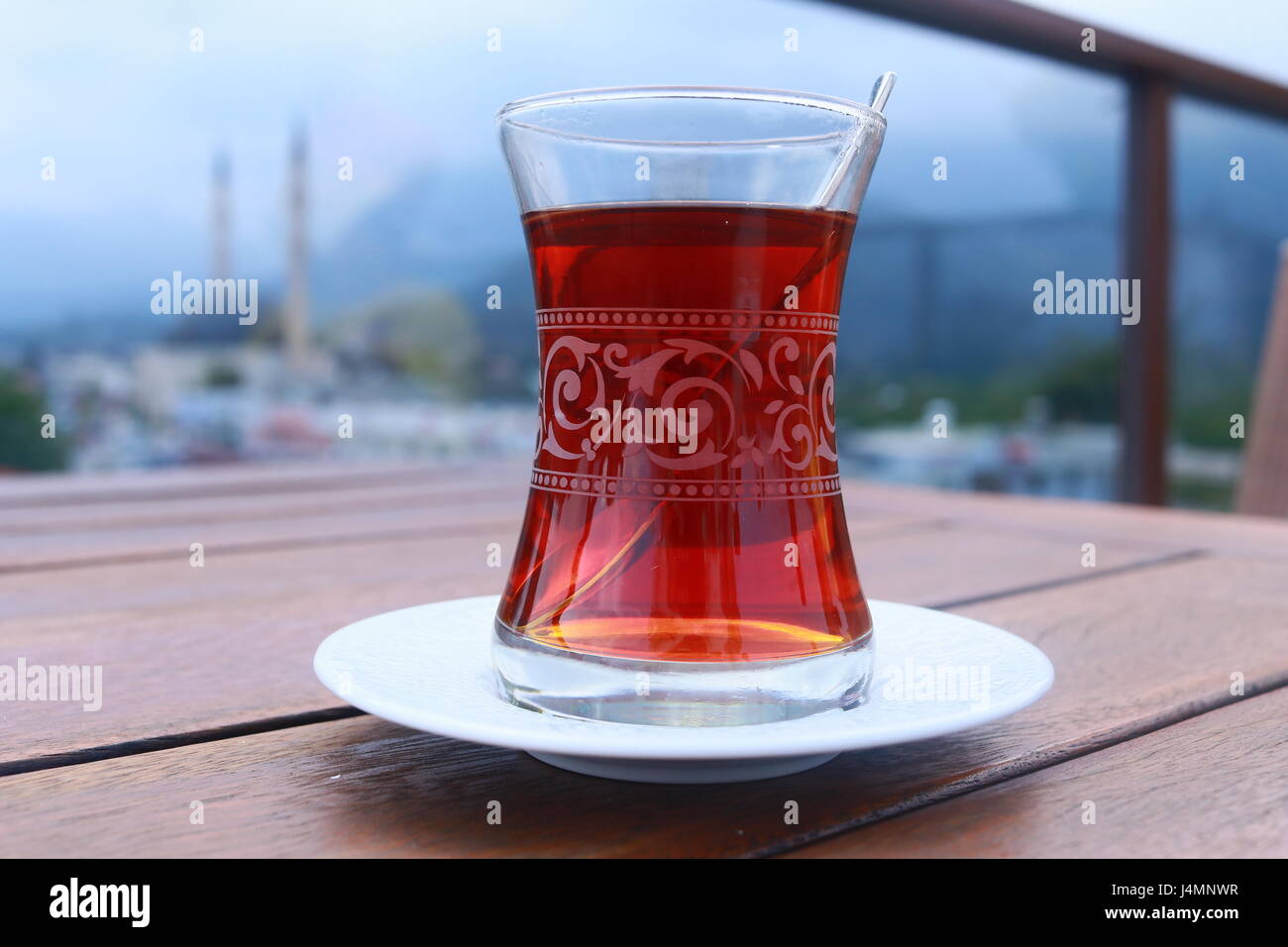 Drinking traditional Turkish tea outdoors Stock Photo