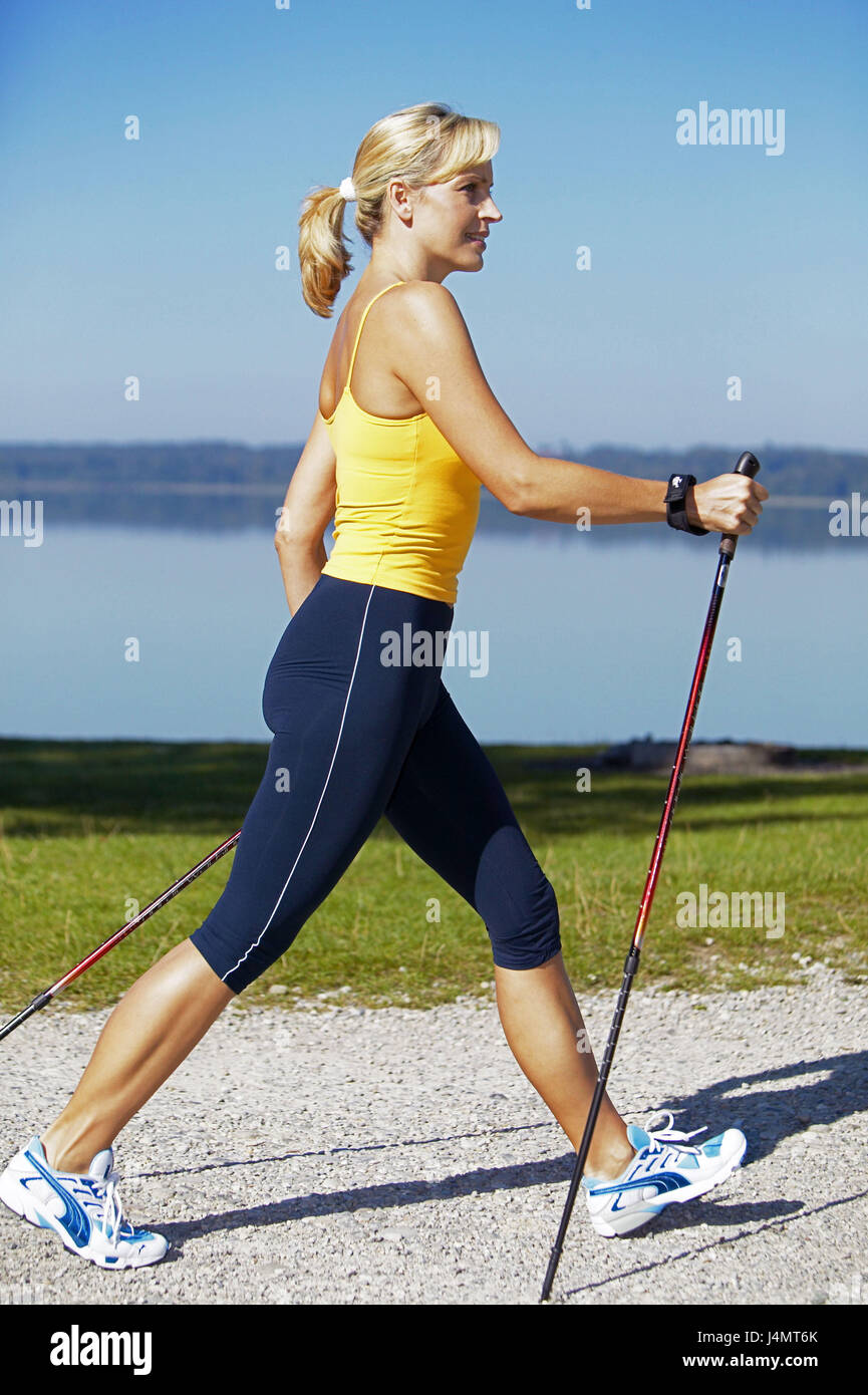 Away, lakesides, woman, sportily, Nordic Walking, at the side 30-40 years,  blond, sports clothes, sportswear, telescope floors, floors, run, go, run  technology, rest, equaliser, bold burn, sport, fun, sport, activity,  actively, fitness,