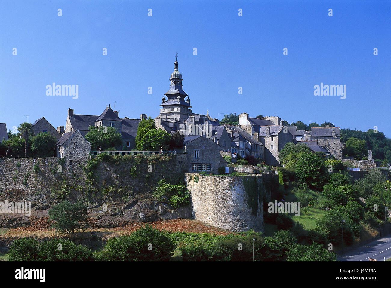 France, Brittany, Moncontour, town view, church Europe, the Cotes you-north, town, houses, residential houses, parish church, structure, architecture, culture, steeple, place of interest Stock Photo