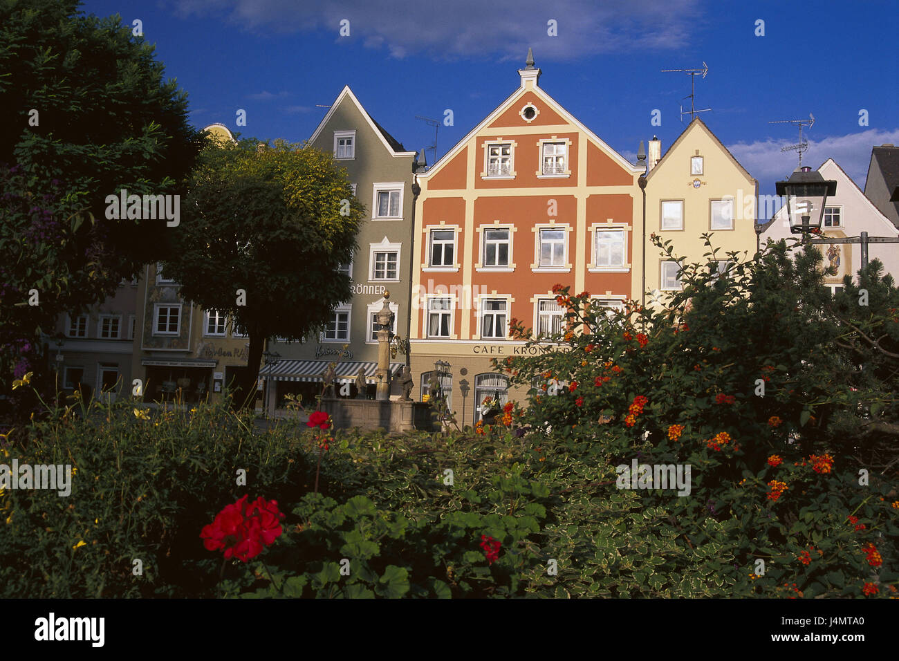 Germany, Upper Bavaria, Weilheim, Old Town, Marienplatz, residential houses, facades brightly, summers Europe, Bavaria, foothills of the Alps, priest's angle, town, houses, buildings, house facades, colourfully, wells, city centre, pedestrian area Stock Photo