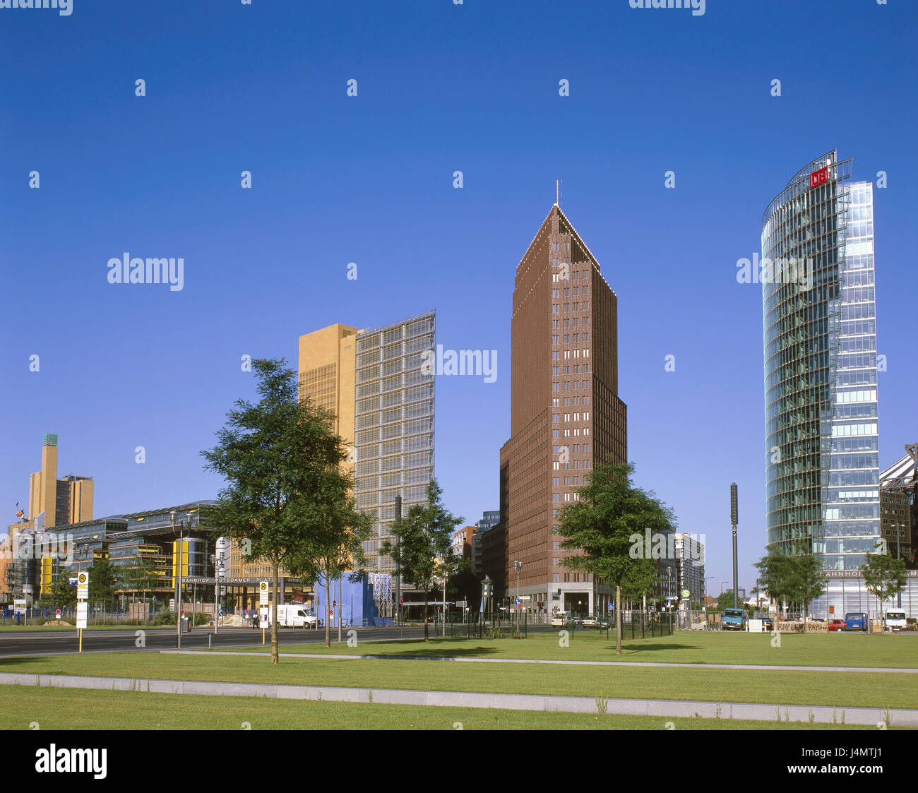 Germany, Berlin, Potsdam square, Debis house, office building, Kollhoff tower, German Railways Tower Europe, town, city, capital, part of town, architect from the left: Renzo Piano, Hans Kollhoff, Helmut Jahn, office building, high rises, architecture, building Stock Photo