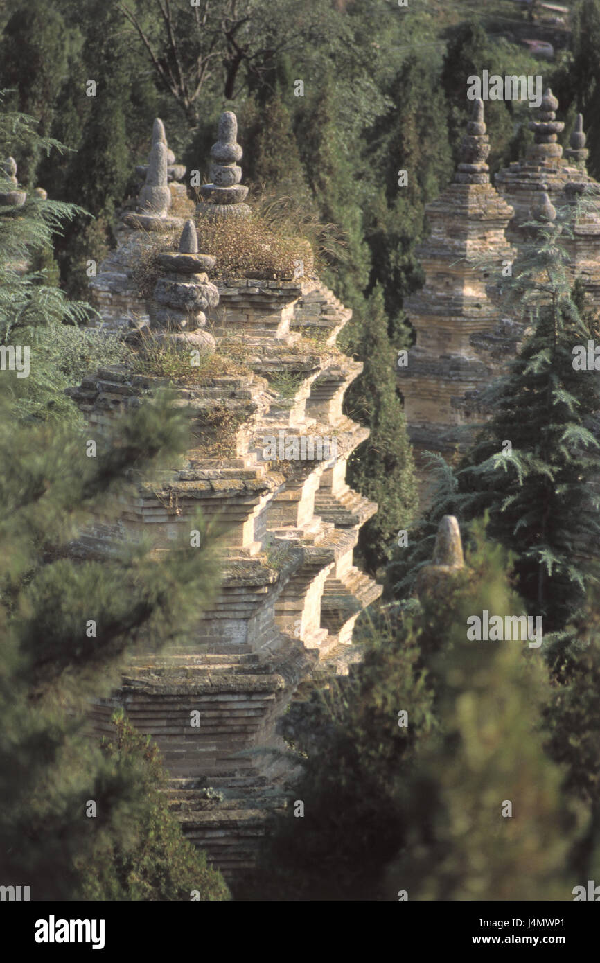 China, Henan Sheng, song Shan, cloister of Shaolin, pagodas, covered, wood Asia, Eastern Asia, island state, Zhonghua Renmin Gongheguo, mountain Songshan, founded 495, cloister attachment, Buddhism, Buddhist, structure, architecture, towers, architecture, place of interest, nature, vegetation Stock Photo