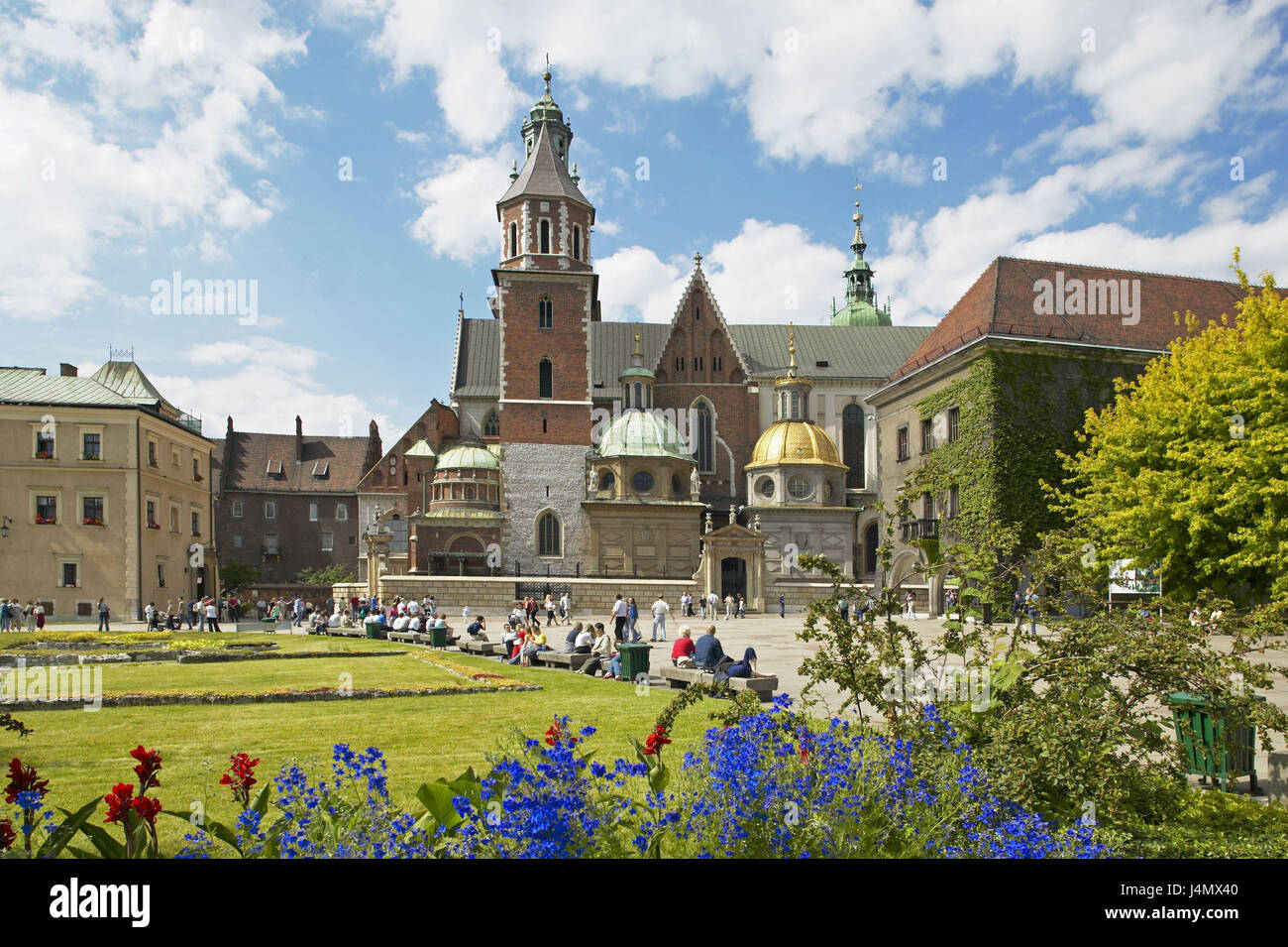 Poland, Cracow, Wawel, cathedral, visitor Europe, East Europe, Poland, Rzeczpospolita Polska, Cracow, town, castle mountain, Wawel hill, place of interest, church, sacred construction, culture, tourism, summer, outside, flowers, detail Stock Photo