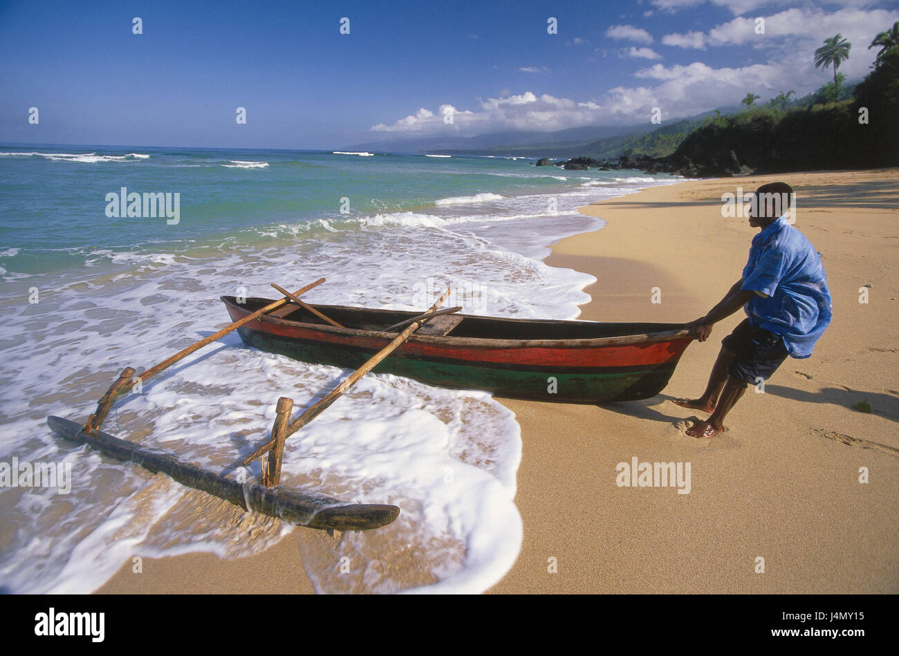 The Comoro Archipelago, island Anjouan, Moya, beach, fisherman, boot no model release! Africa, island state, Indian ocean, Nzwani, coast, sandy beach, angling, fishing boat, interpreter, outrigger, dugout, traditionally, man, non-white, swarthy, swarthy, local, drag, water, waves Stock Photo