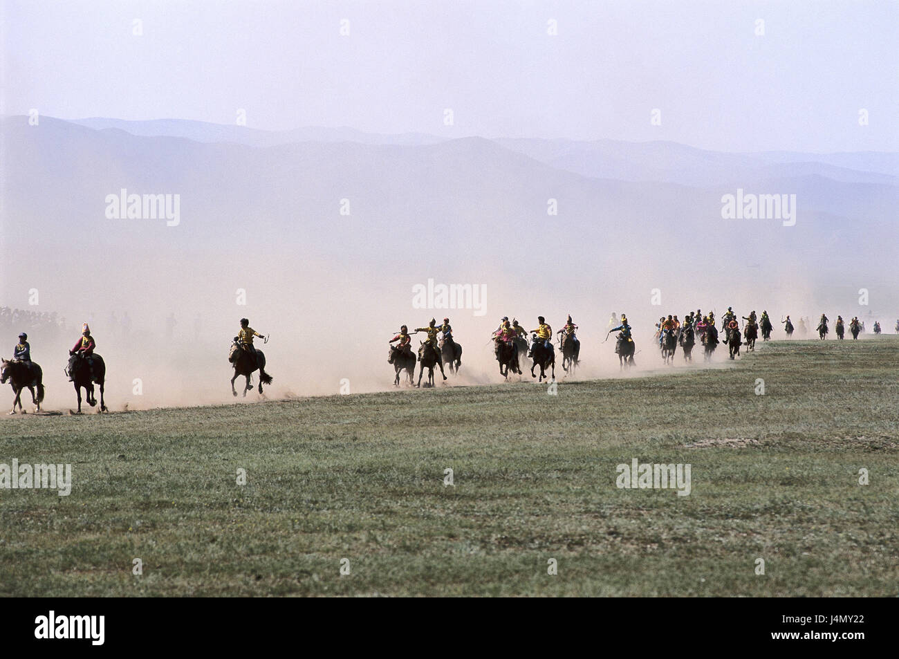Mongolia, Ulan Bator, Naadam feast, horse's race no model release Central Asia, mountain landscape, scenery, meadow, locals, Mongols, bleeds, riding horses, ride, races, event, speed, tempo, tradition, traditions, feast, Staatsnaadam, summer Stock Photo