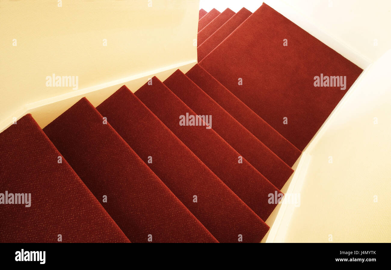 Narrow staircase house, stairs, carpet, red, perspective, Stock Photo