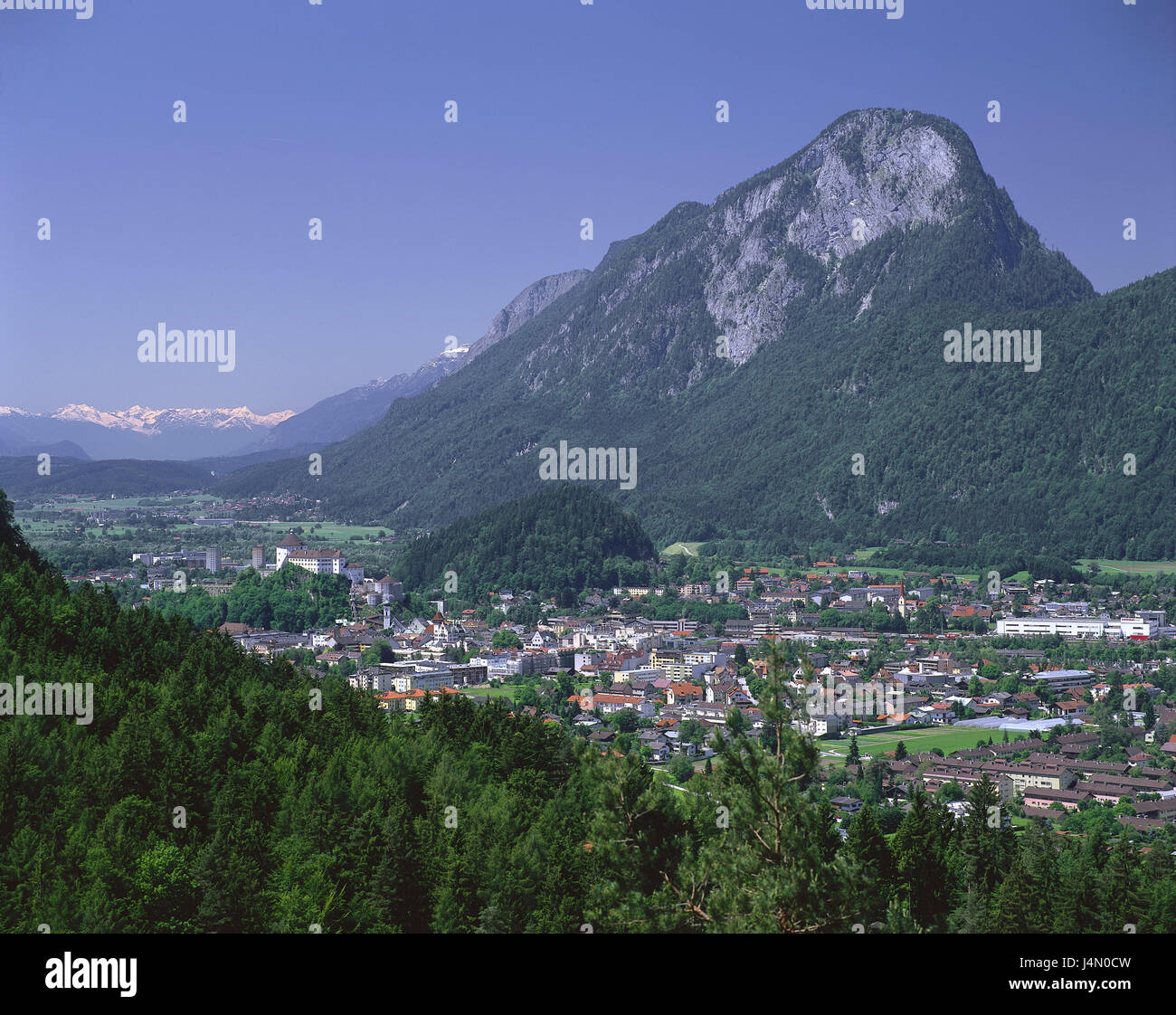 Austria, Tyrol, Kufstein, town view, mountain Pendling, background the Stubai Alps, scenery, view, town, sky, cloudless, Stock Photo