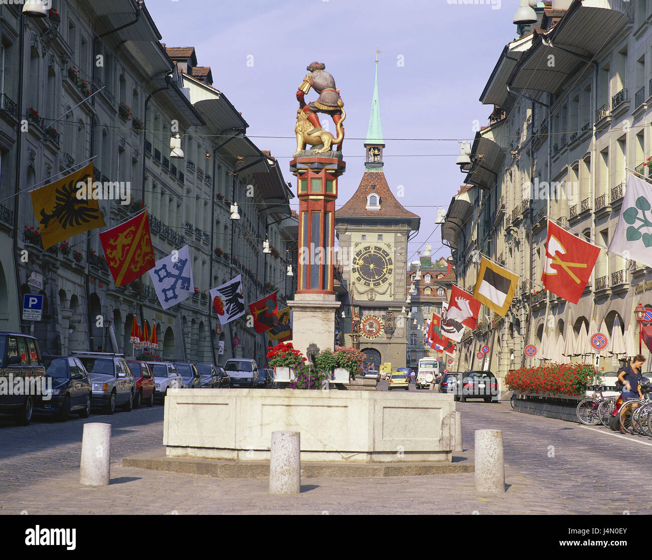 Switzerland, Bern, junk lane, Zytglogge, tough wrestler's well, detail,  Europe, town, capital, part of town, Old Town, lane, place of interest,  landmark, time bell tower, clock tower, tower, clock, well, well character,