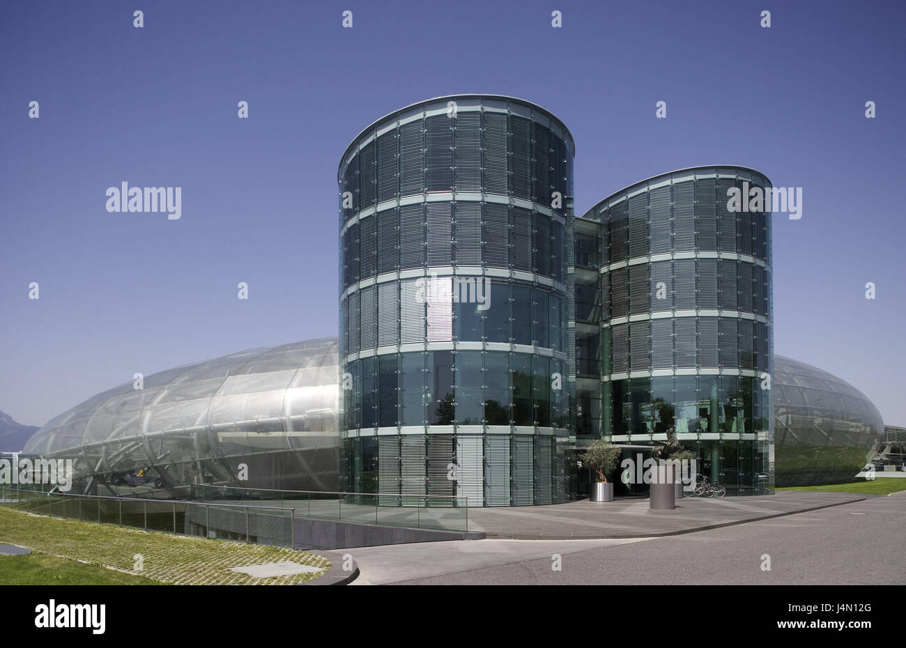 Austria, Salzburg, hangar 7, museum, venue, town, building, structure, hangar, architecture, modern, glass, steel, airport grounds, outside, Stock Photo