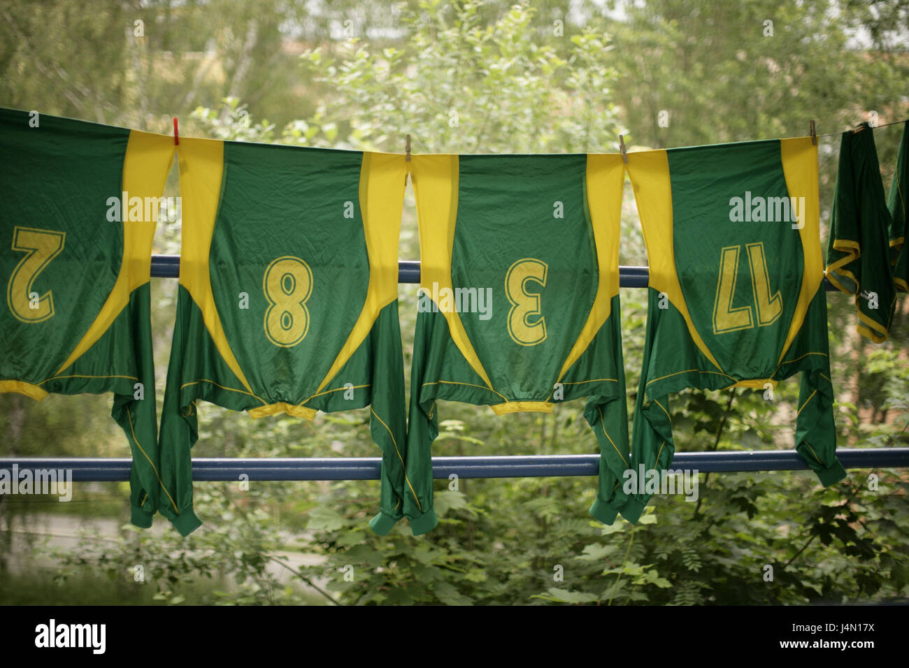 Clothesline, football jerseys, hang, sport, kit, green, yellow