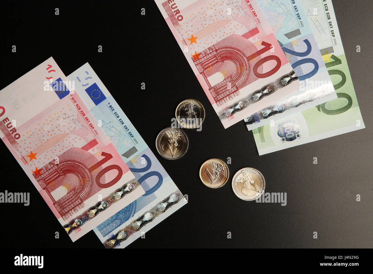 Money, euro, notes, coins, detail, banknotes, change, monetary coins, bank notes, cash, currency, single currency, European, twenty, ten, hundred, pay, bar, debts, having, savings, object photography, studio, Stock Photo