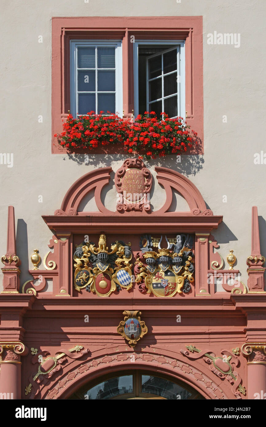 Germany, Hessen, Groß-Umstadt, Renaissance city hall, splendour portal, coat of arms, window, ode wood, town, Old Town, mark square, city hall, building, structure, Renaissance, input, portal, detail, city arms, Kurpfalz coat of arms, Hesse-Darmstadt coat of arms, window box, flowers, red, Stock Photo