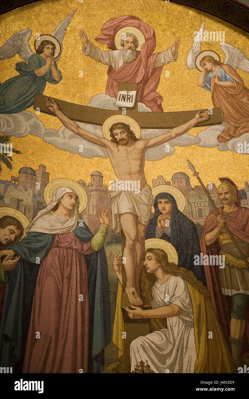 France, Lourdes, rosary basilica, mosaic, crucifixion scene, Hitting-Pyrenees, Place of pilgrimage, Pilgrim's place, Pilgrimage, Pilgrimage church, Place of interest, Destination, Tourism, Faith, Religion, Christianity, Wall mosaic, Jesus, crucified, Maria, soldier, art, representation, history of religion, biblical, crosses, Stock Photo